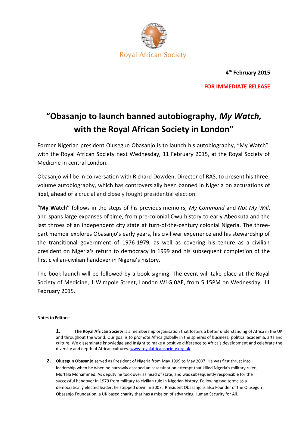 Obasanjo to Launch Banned Autobiography,My Watch, with the Royal African Society in London