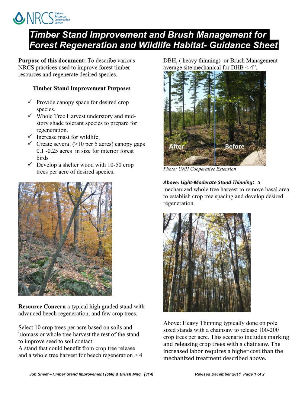 Job Sheet Timber Stand Improvement (666) & Brush Mng. (314)Revised December 2011 Page 1 of 2