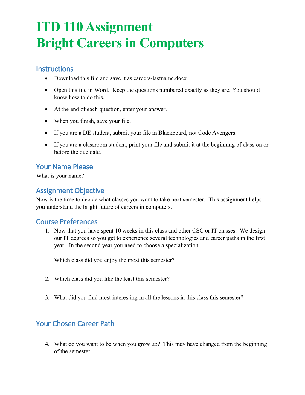 ITD 110 Assignment Bright Careers in Computers