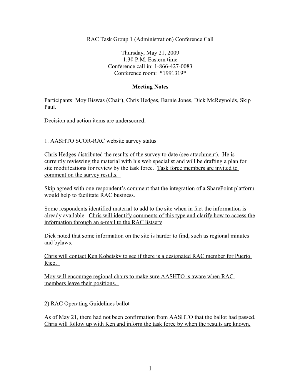 Administration Task Force Meeting Notes 5/21/09