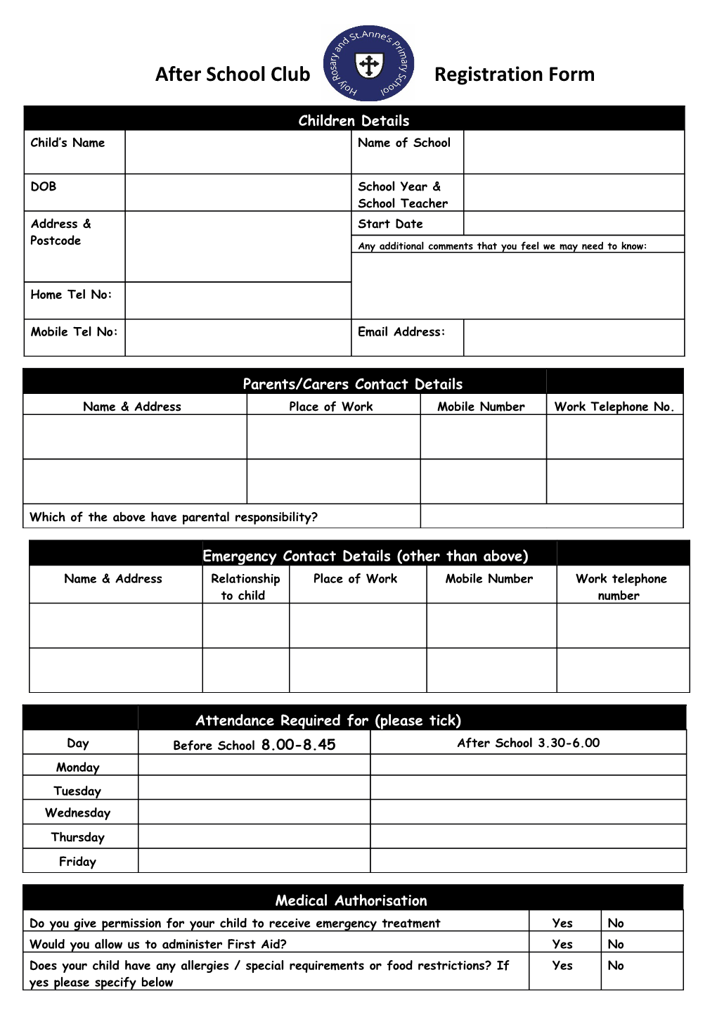 After School Club Registrationform