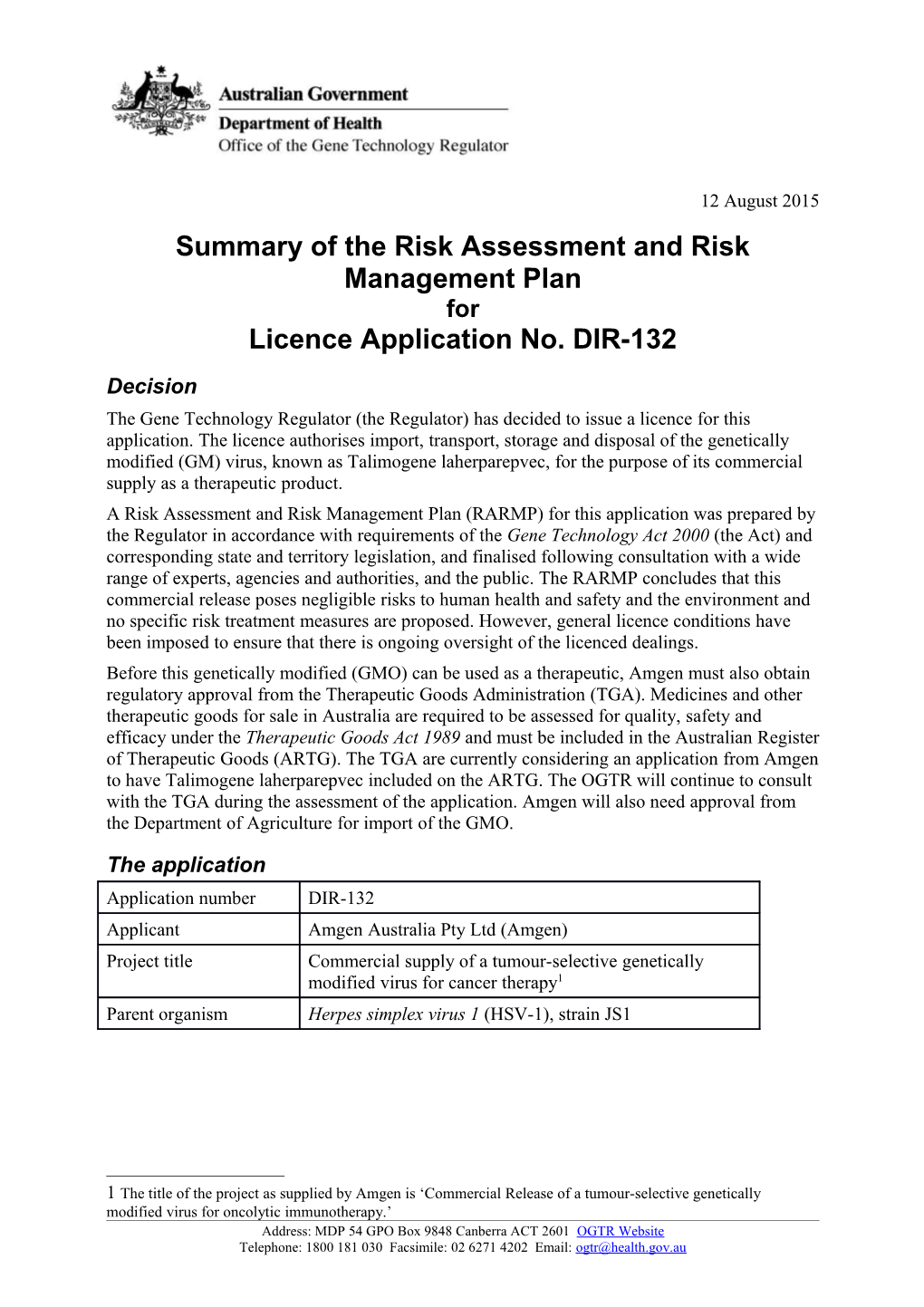Summary of Risk Assessment and Risk Management Plan