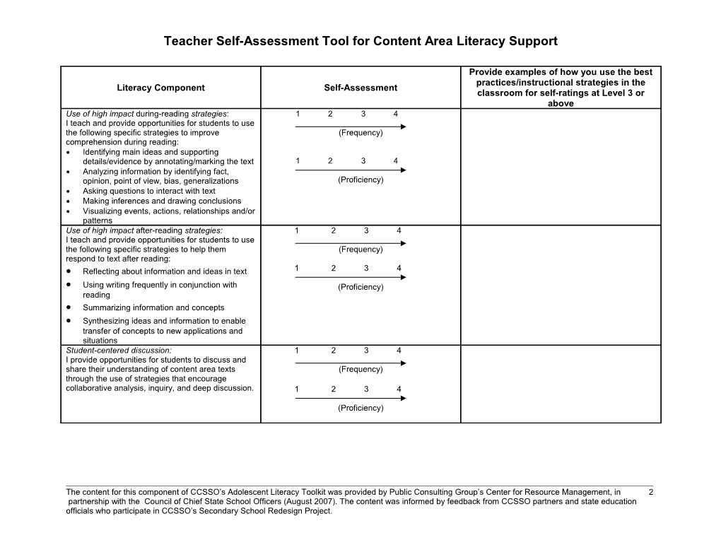 Instructional Best Practices and Literacy Self-Assessment Tool