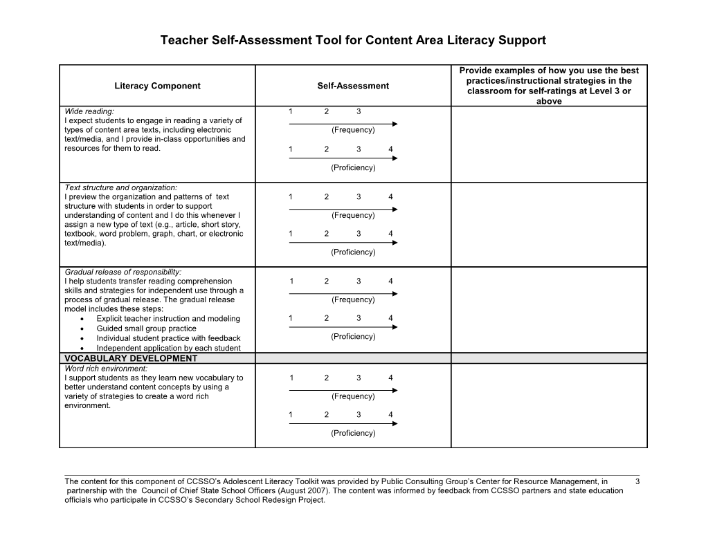 Instructional Best Practices and Literacy Self-Assessment Tool