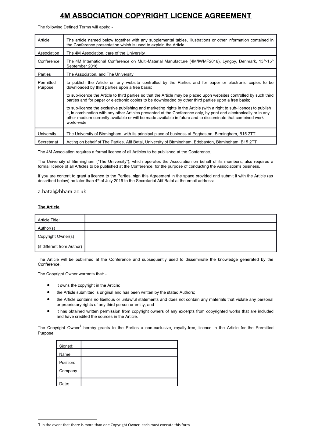 4M Association Copyright Licence Agreement