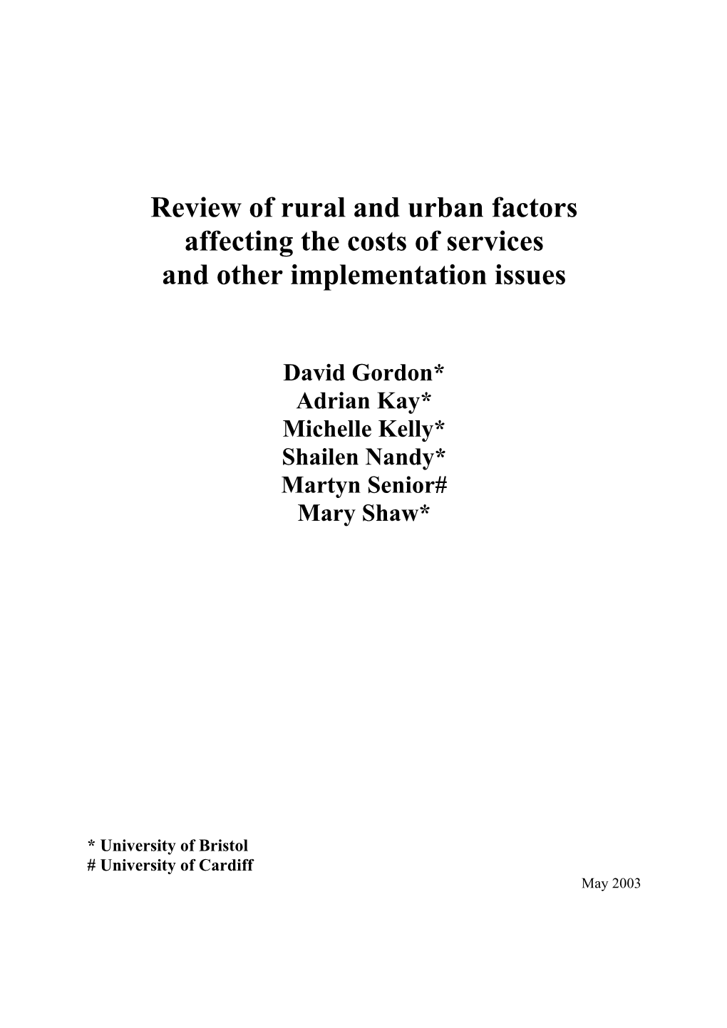 Review of Rural and Urban Factors Affecting the Costs of Services and Other Implementation