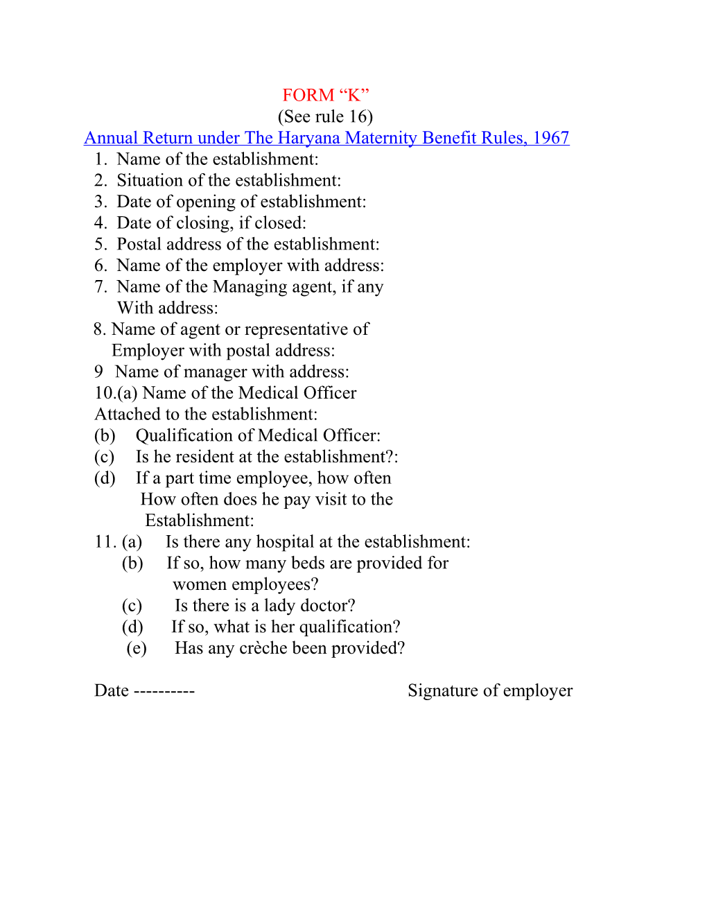 Annual Return Under the Haryana Maternity Benefit Rules, 1967