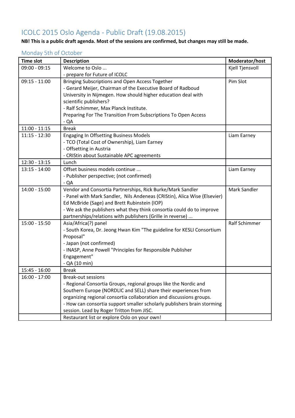 ICOLC 2015 Oslo Agenda - Public Draft (19.08.2015)