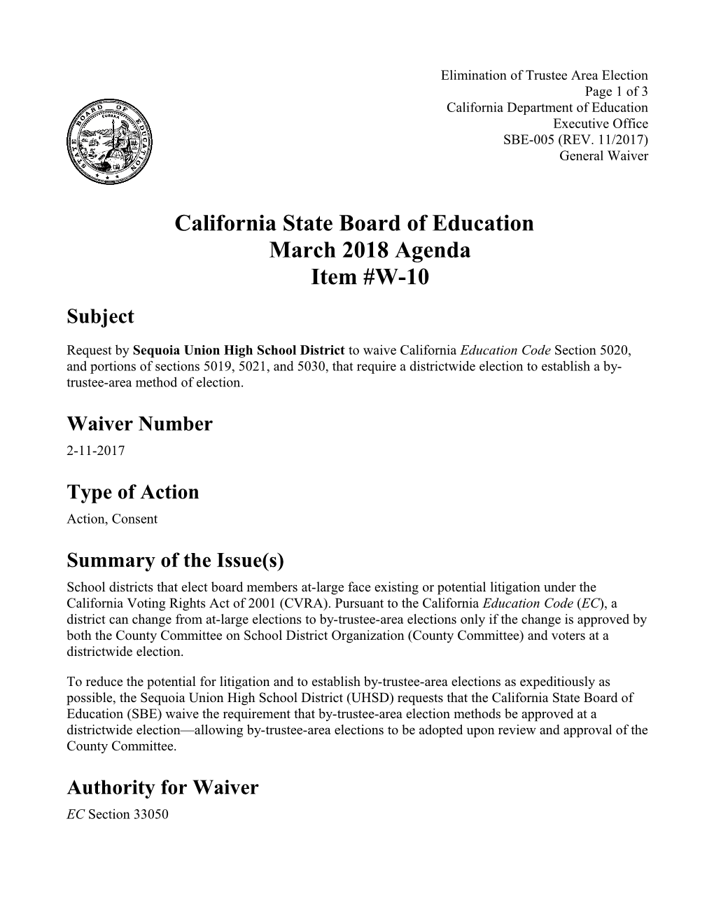 March 2018 Waiver Item W-10 - Meeting Agendas (CA State Board of Education)