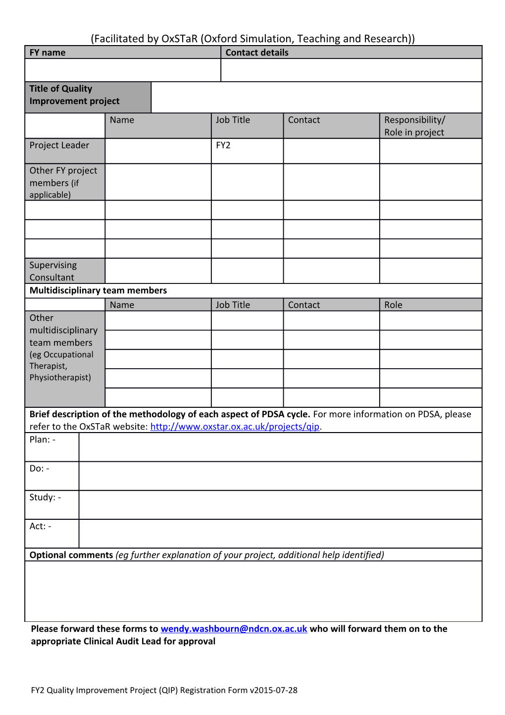Quality Improvement Project Registration Form