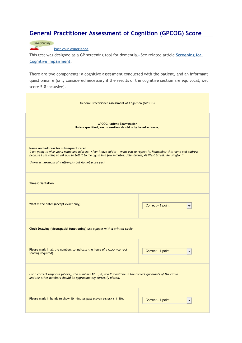 General Practitioner Assessment of Cognition (GPCOG) Score