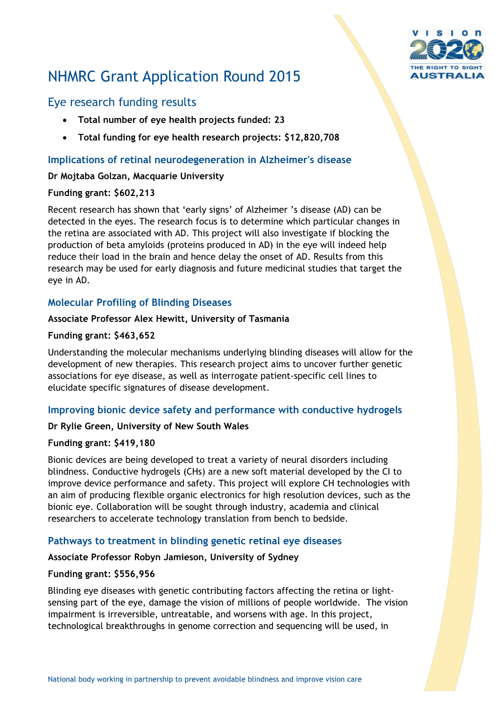 Eye Research Funding Results