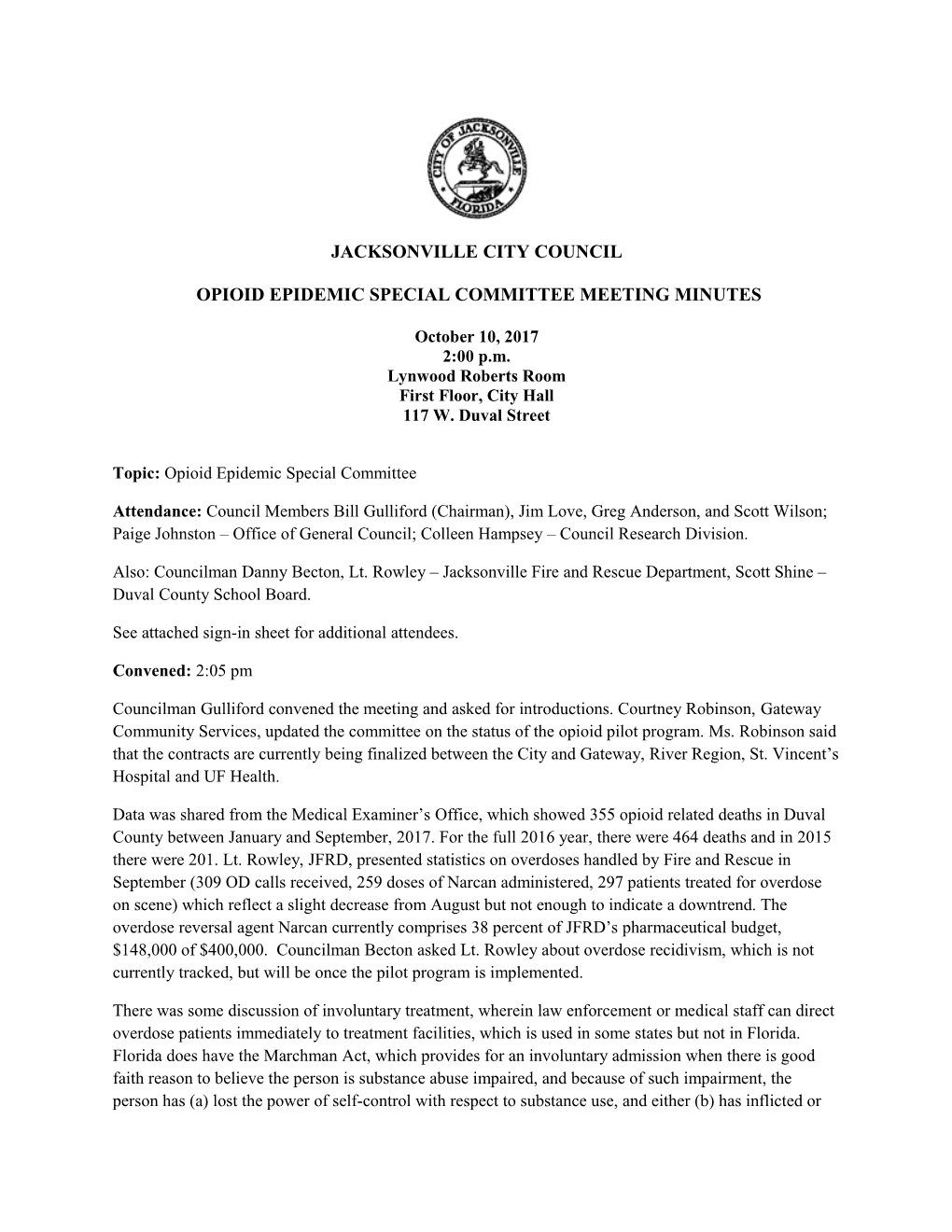 Opioid Epidemic Special Committee Meeting Minutes