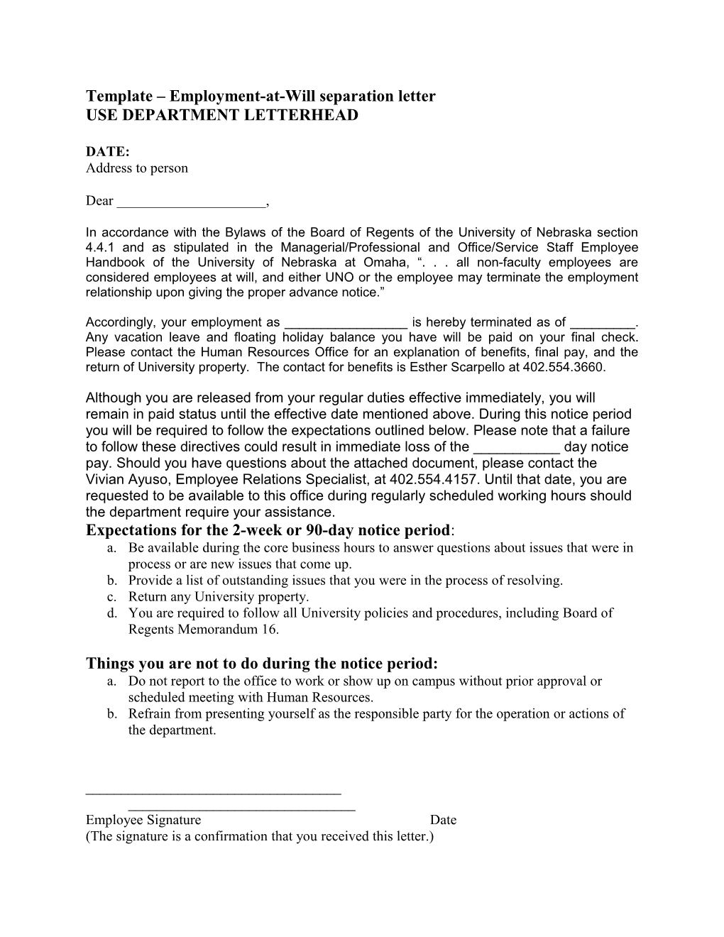 Template Employment-At-Will Separation Letter