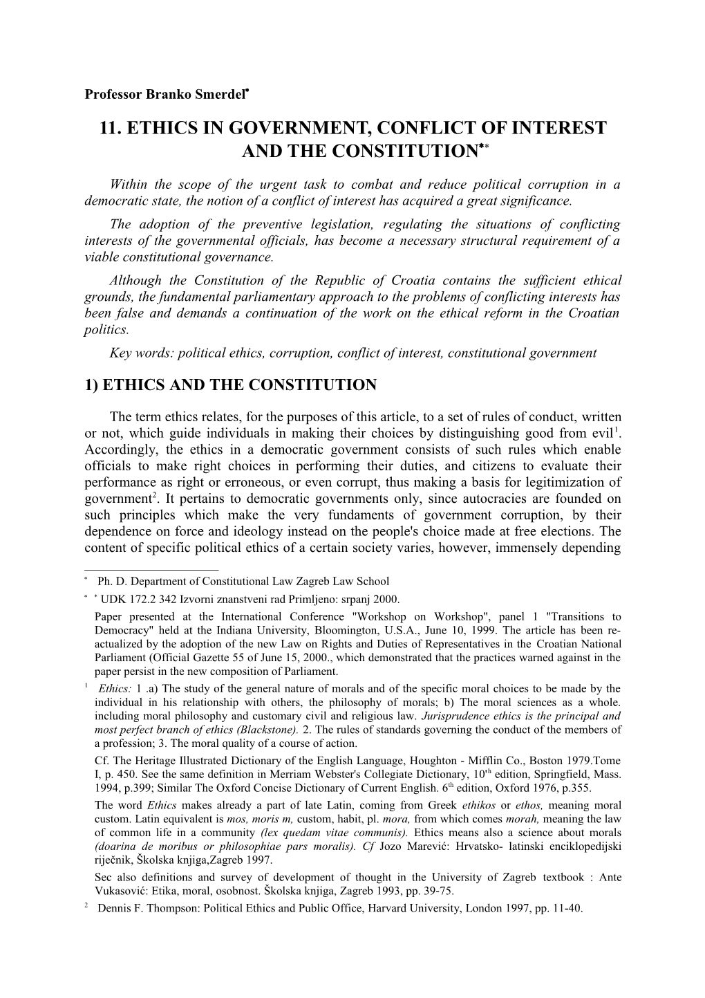11. ETHICS in GOVERNMENT, Conflict of Interest and the Constitution
