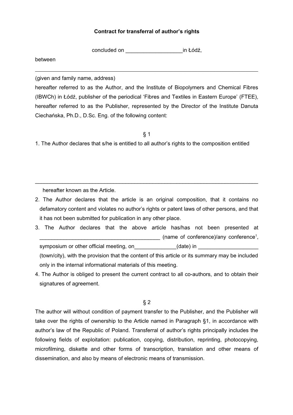 Contract for Transferral of Author S Rights
