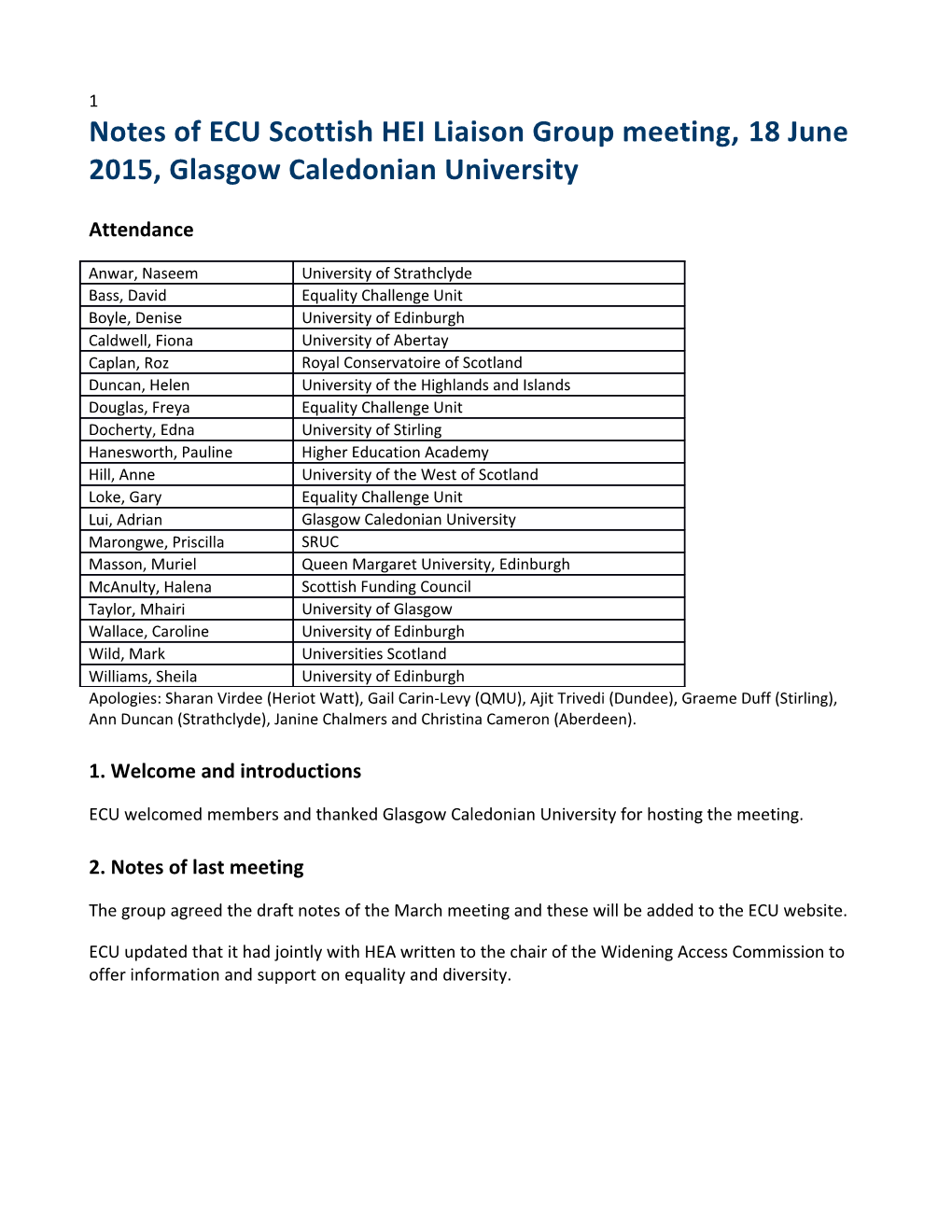 Notes of ECU Scottish HEI Liaison Group Meeting, 18 June 2015,Glasgow Caledonian University