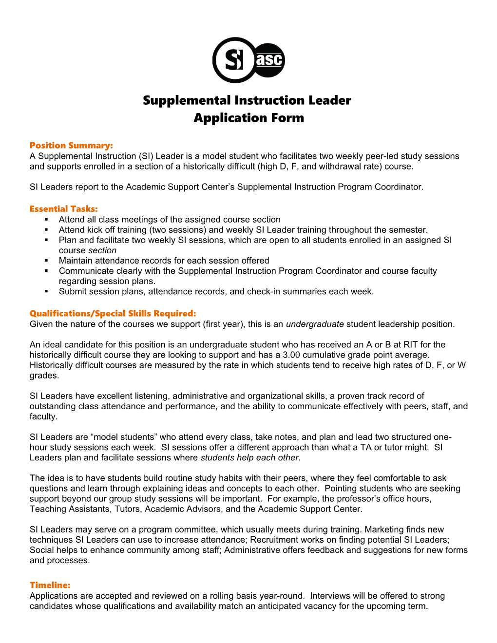 SI Leader Employment Application