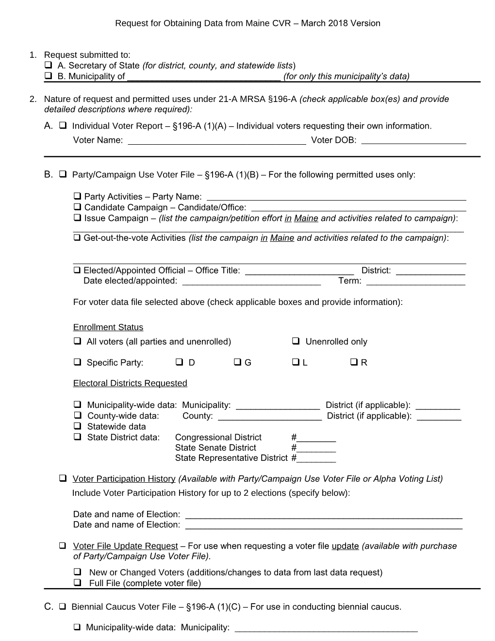 Request for Obtaining Data from Maine CVR