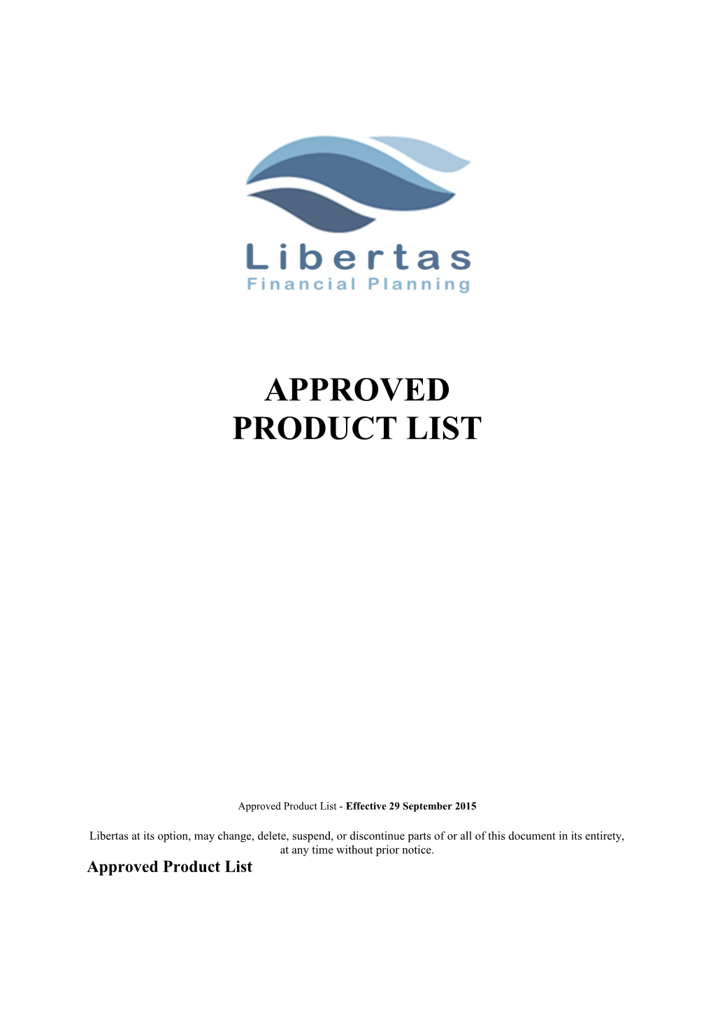 Approved Product List - Effective 29 September 2015