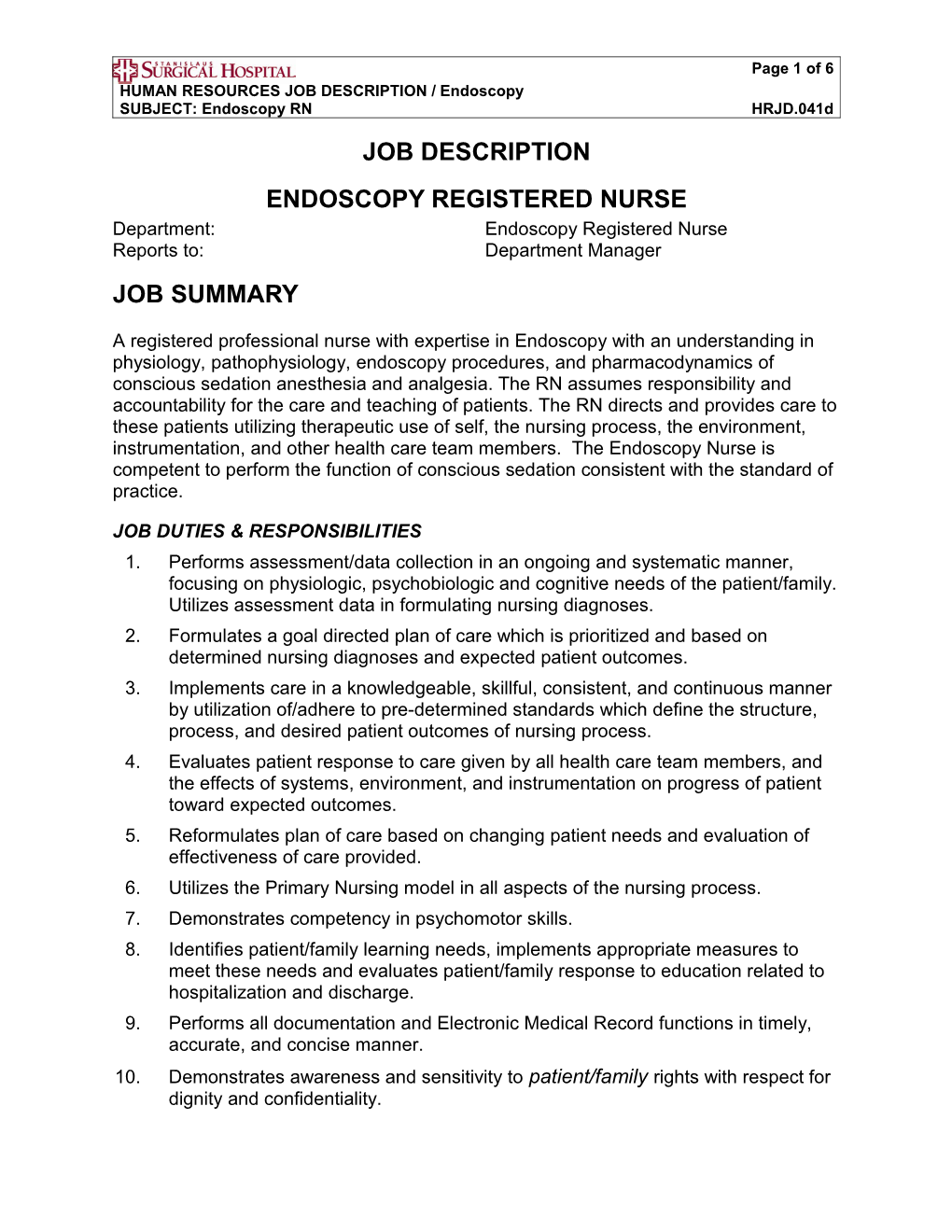 HUMAN RESOURCES JOB DESCRIPTION / Endoscopy