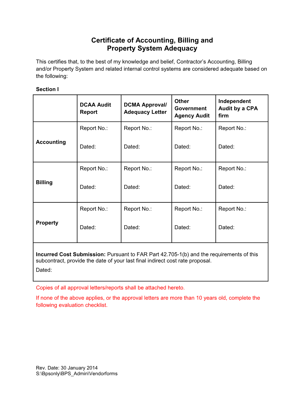 Certificate of Accounting and Billing System Adequacy