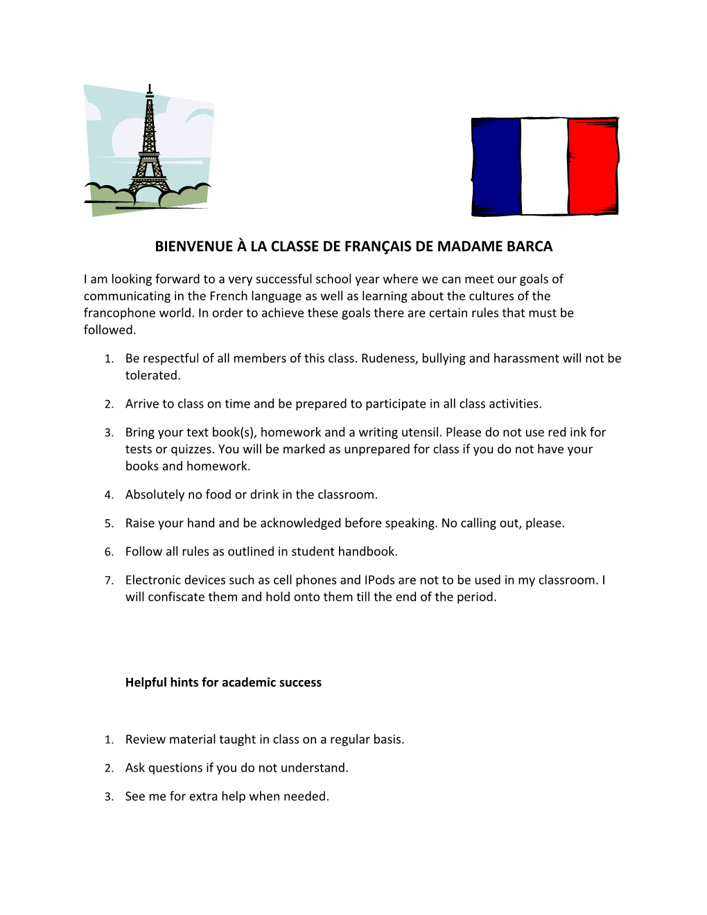 Bienvenue À La Classe De Français De Madame Barca