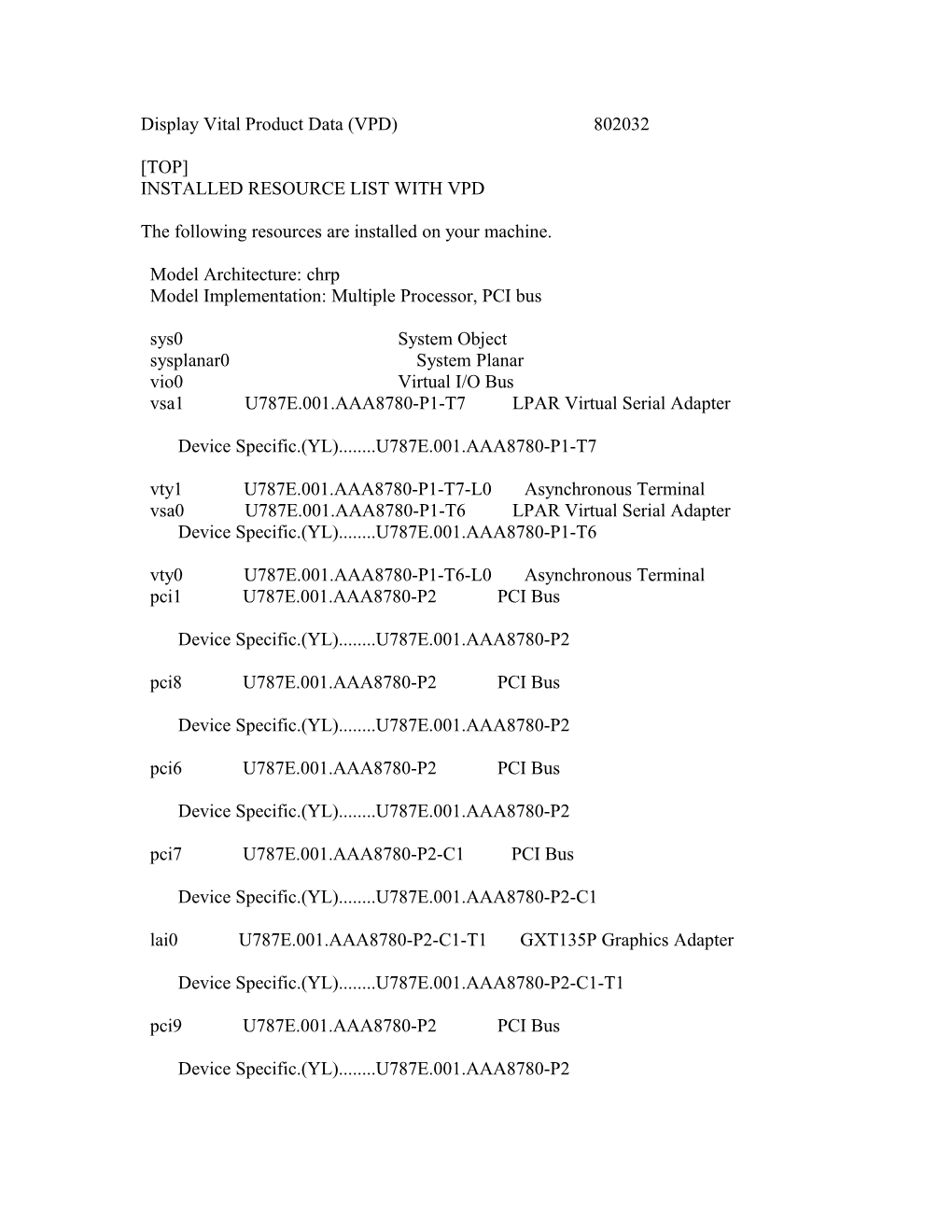 Display Vital Product Data (VPD) 802032