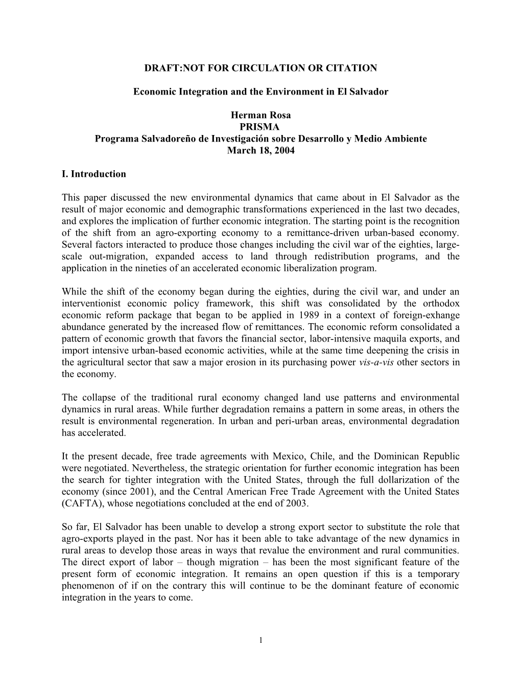 Economic Transformation, Rural Livelihoods and the Environment in El Salvador