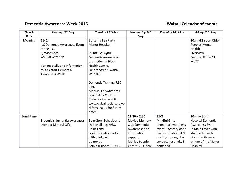 Dementia Awareness Week 2016 Walsall Calendar of Events