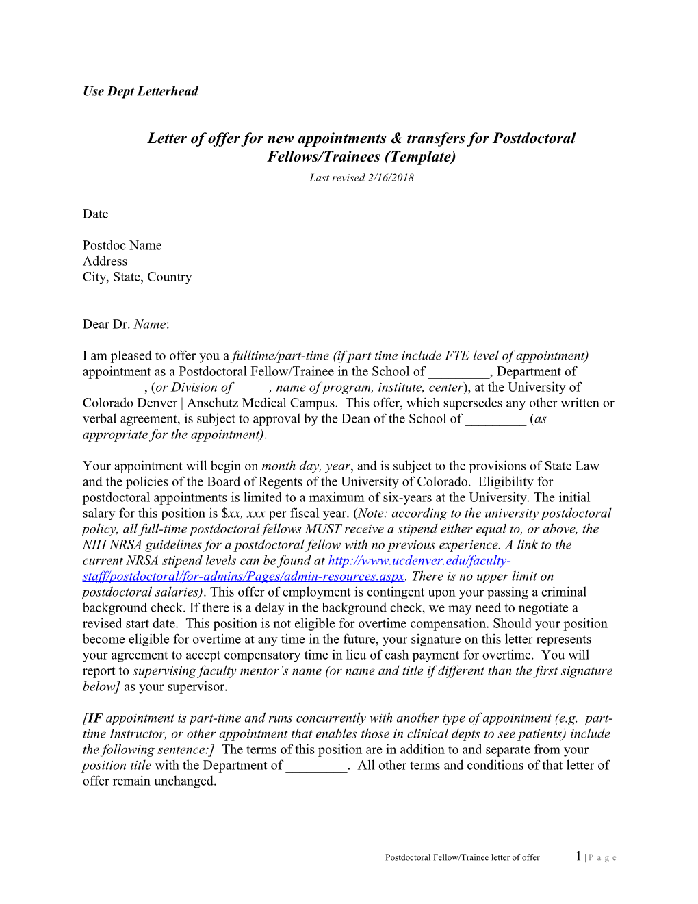 Postdoc Letter of Offer Template