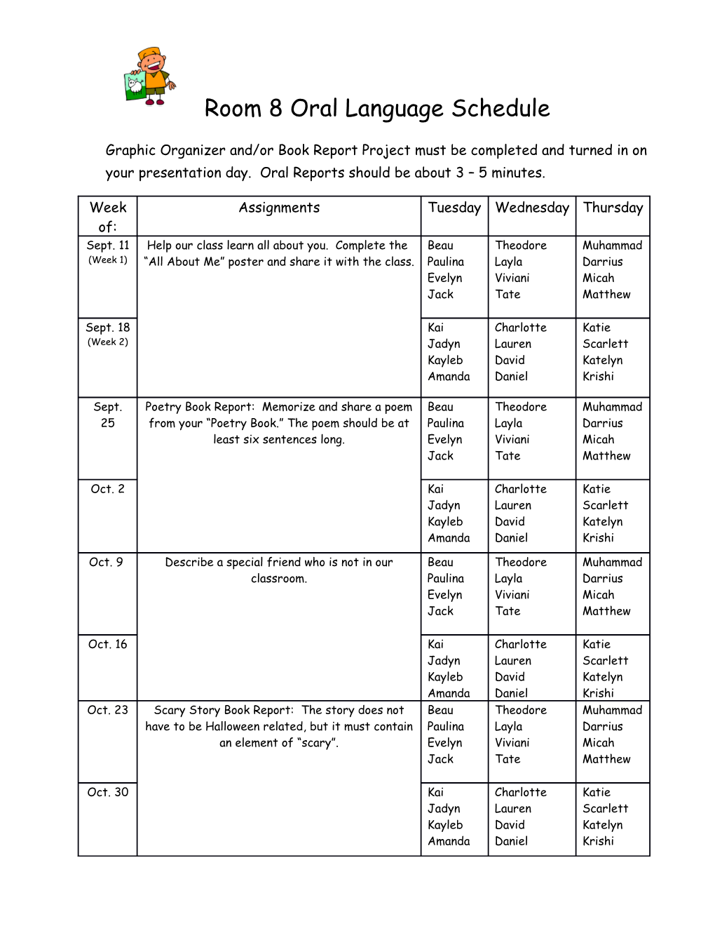 Room 8 Oral Language Schedule