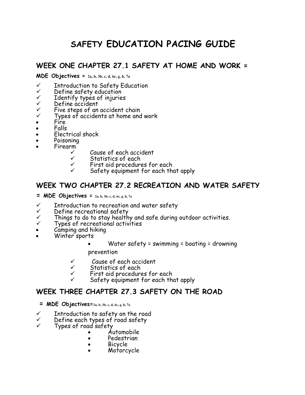 Safety Education Pacing Guide