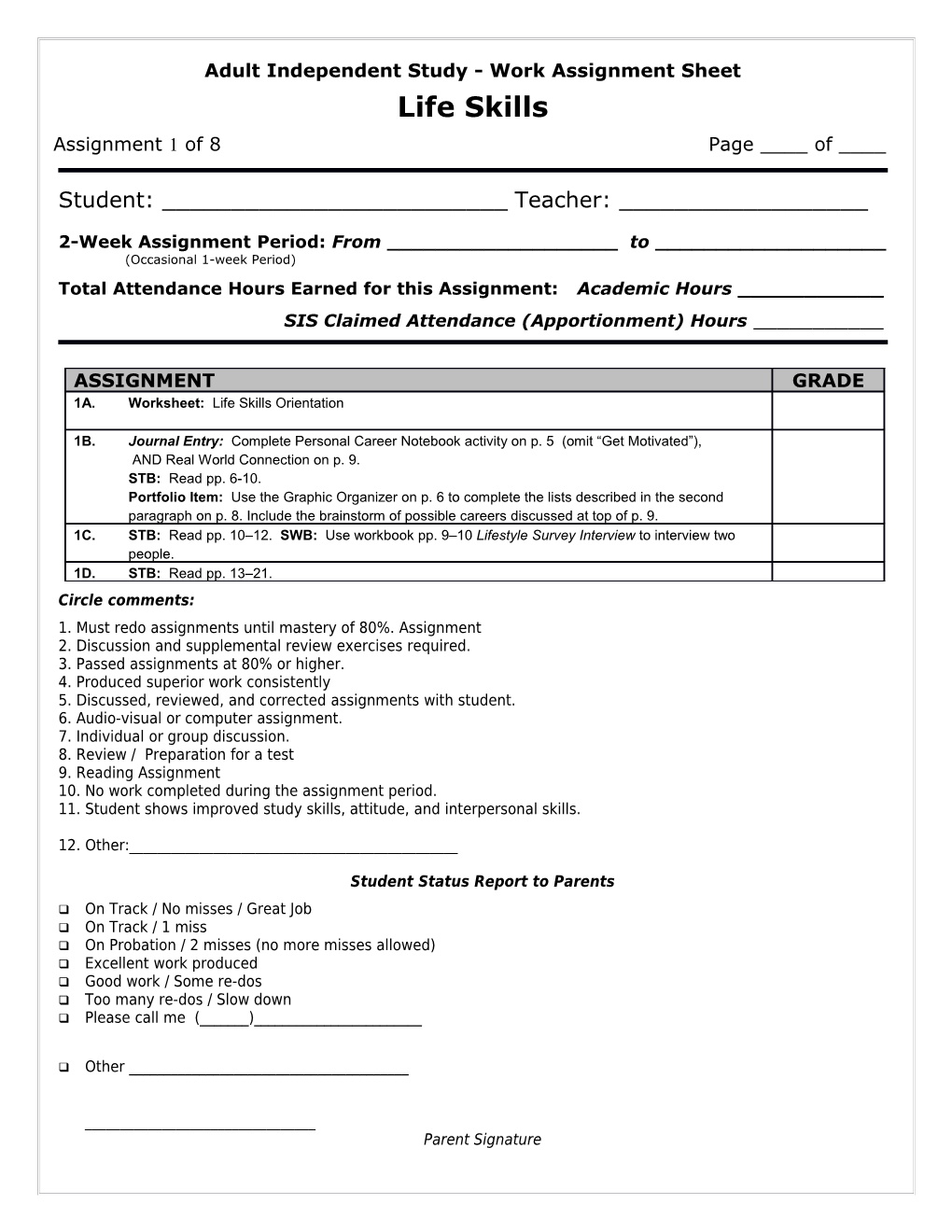 Adult Independent Study - Work Assignment Sheet Life Skills