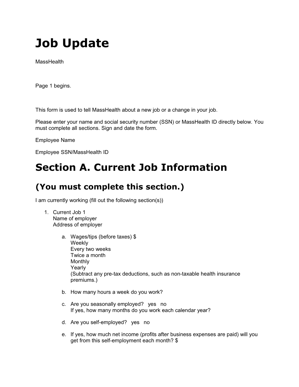 This Form Is Used to Tell Masshealth About a New Job Or a Change in Your Job