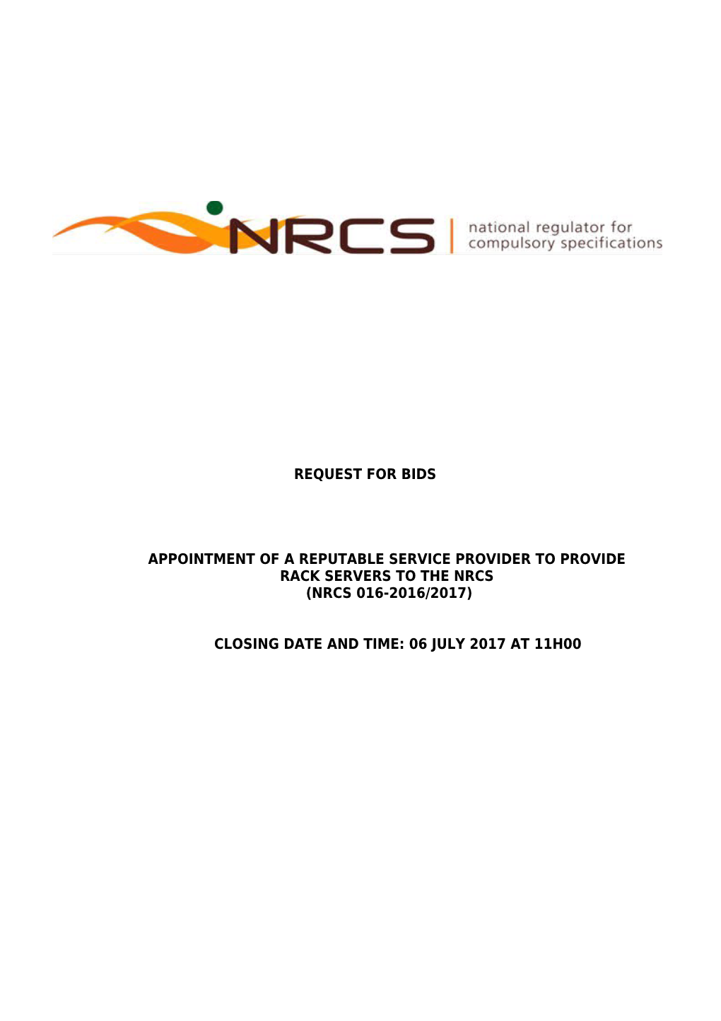 Appointment of a Reputable Service Provider to Provide Rack Servers to the Nrcs
