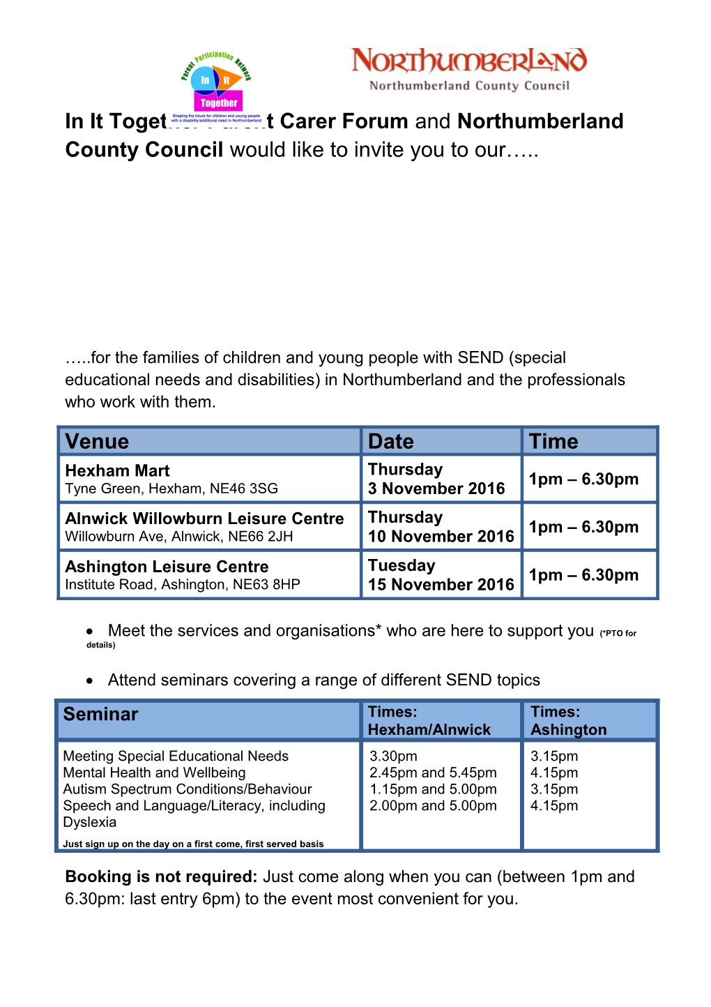 In It Together Parent Carer Forum and Northumberland County Council Would Like to Invite