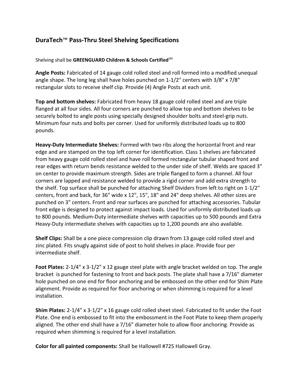 Duratech Pass-Thru Steel Shelving Specifications