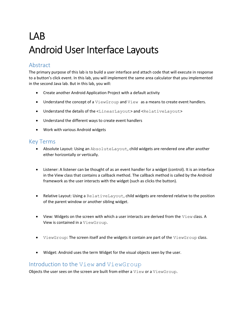 Android User Interface Layouts