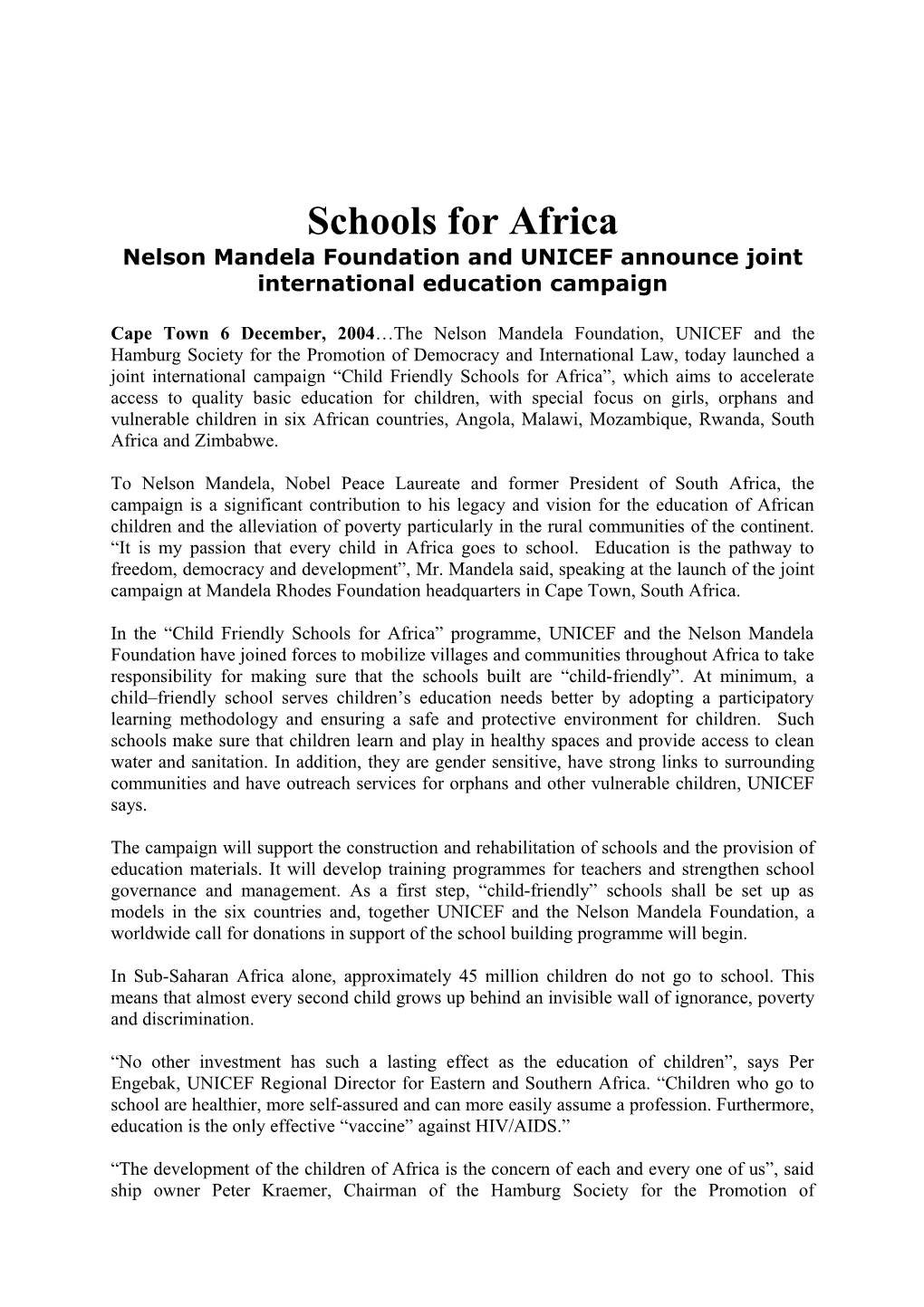 Nelson Mandela Foundation and UNICEF Announce Joint International Education Campaign