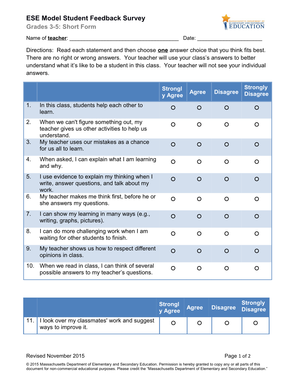 G35 ESE Model Survey Short Form