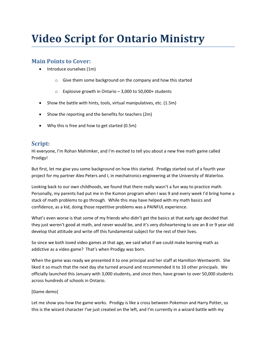 Video Script for Ontario Ministry