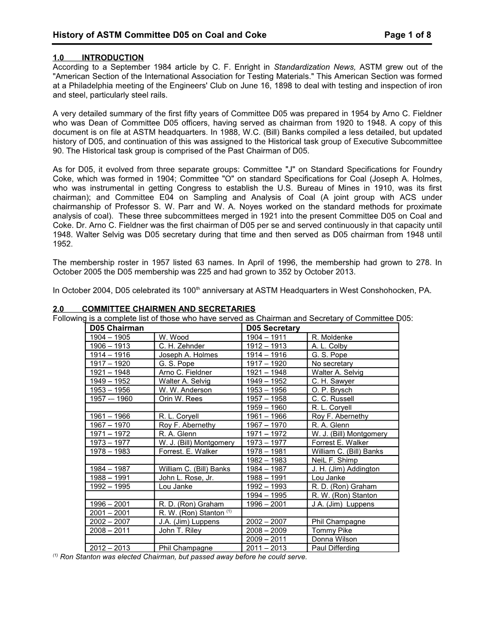 History of ASTM Committee D05 on Coal and Cokepage 1 of 8