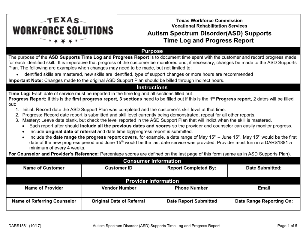 DARS1881 Autism Spectrum Disorder Supports, Time Log and Progress Report