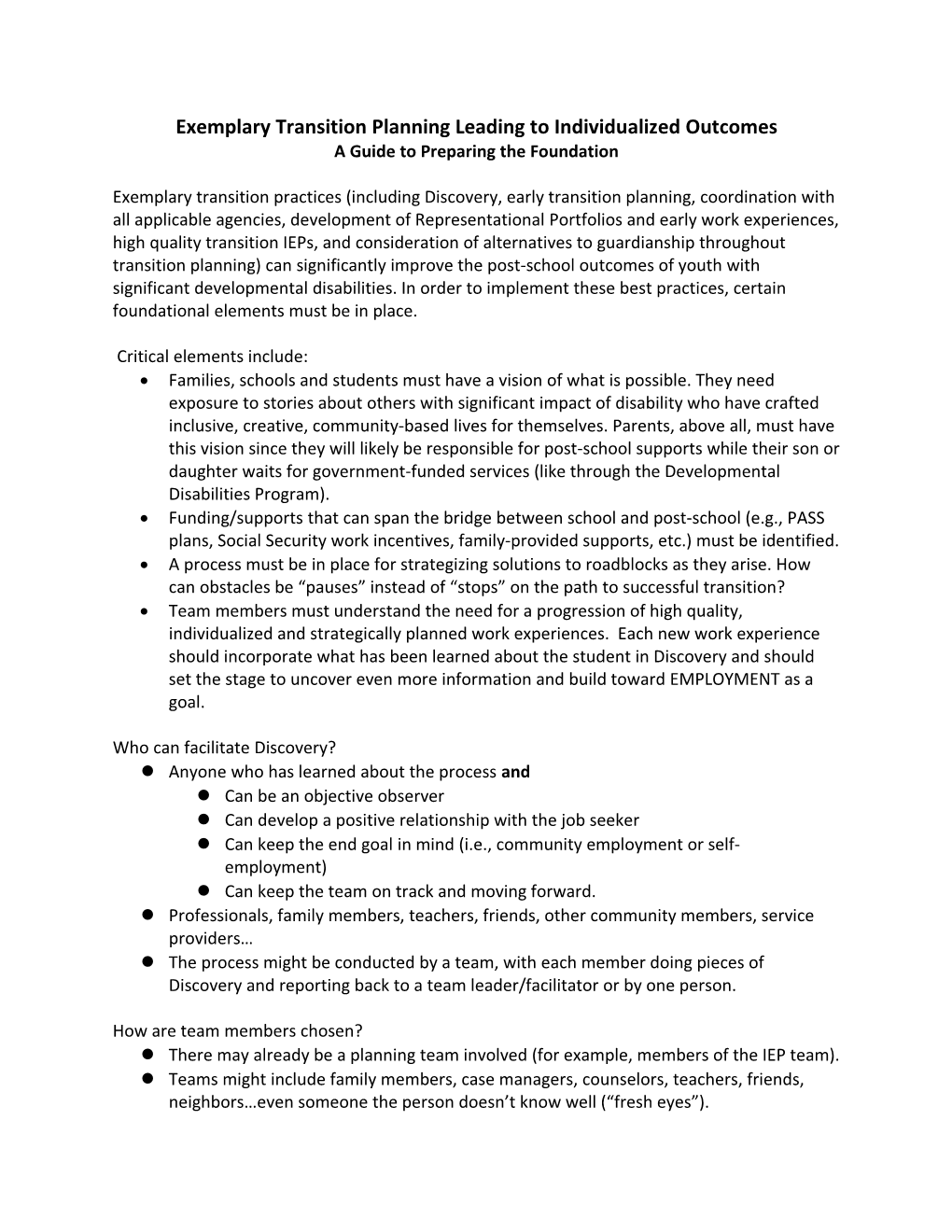 Exemplary Transition Planning Leading to Individualized Outcomes