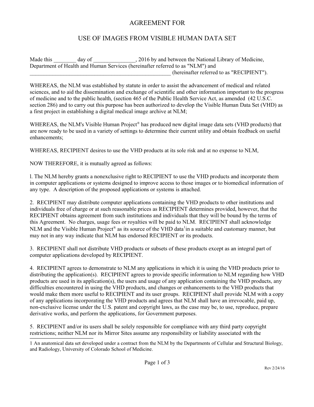 Agreement for Use of Images from Visible Human Data Set