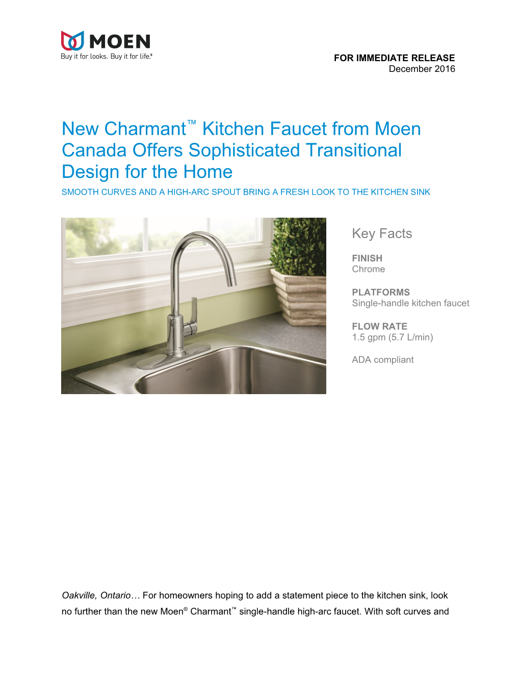 New Charmant Kitchen Faucet from Moen Canada Offers Sophisticatedtransitional Design For