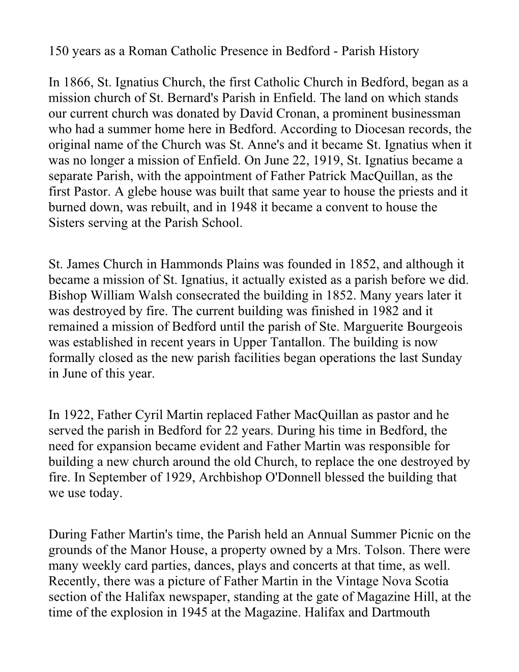 150 Years As a Roman Catholic Presence in Bedford- Parish History