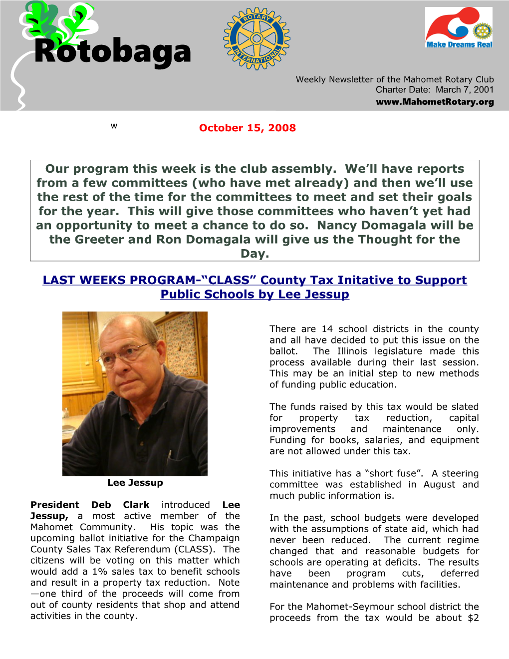 LAST WEEKS PROGRAM- CLASS Countytax Initative to Support Public Schools by Lee Jessup