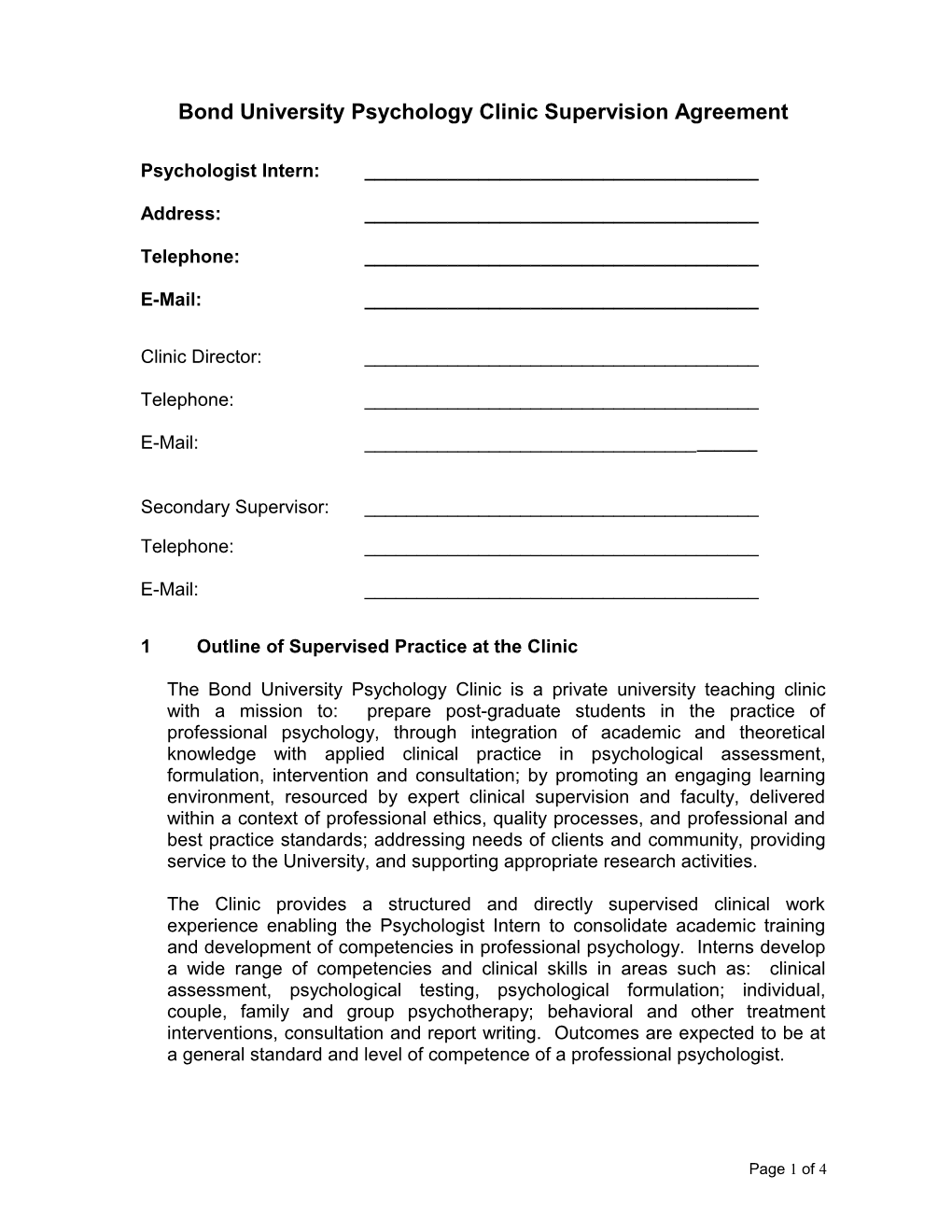 Bond University Psychology Clinic Supervision Agreement